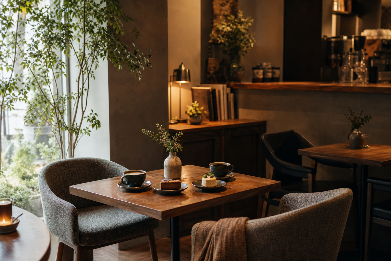 植物と木のテーブルがある落ち着いたカフェの客席